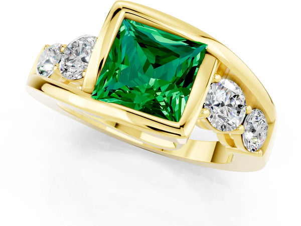 Yellow gold Bezel Set Princess Cut Emerald Bypass Ring with Round  Accents