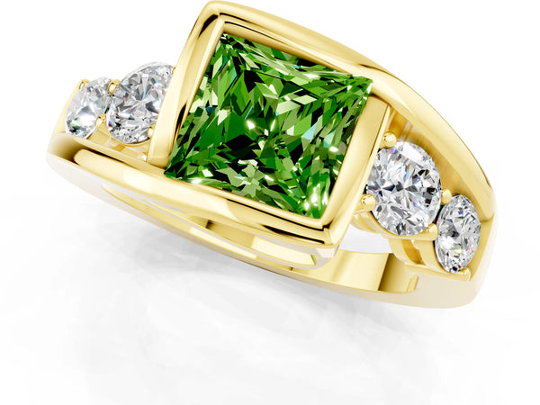 Yellow gold Bezel Set Princess Cut Peridot Bypass Ring with Round  Accents