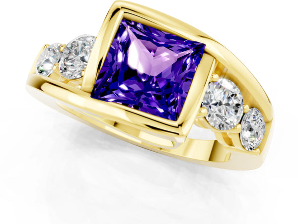 Yellow gold Bezel Set Princess Cut Tanzanite Bypass Ring with Round  Accents