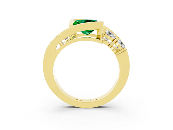 Yellow gold Bezel Set Princess Cut Emerald Bypass Ring with Round  Accents