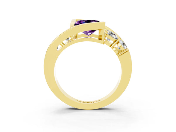 Yellow gold Bezel Set Princess Cut Amethyst Bypass Ring with Round  Accents
