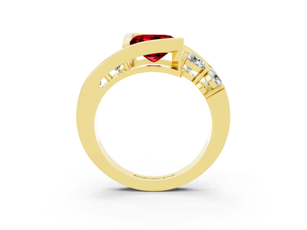 Yellow gold Bezel Set Princess Cut Ruby Bypass Ring with Round  Accents