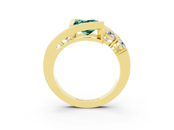 Yellow gold Bezel Set Princess Cut Green Sapphire Bypass Ring with Round  Accents