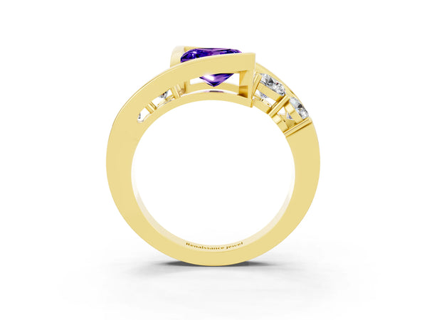 Yellow gold Bezel Set Princess Cut Tanzanite Bypass Ring with Round  Accents