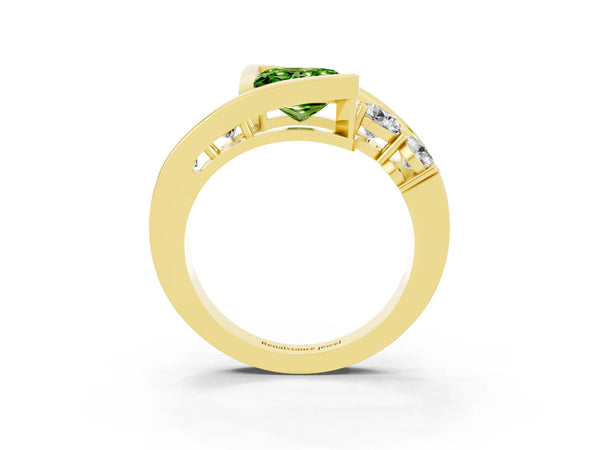 Yellow gold Bezel Set Princess Cut Peridot Bypass Ring with Round  Accents