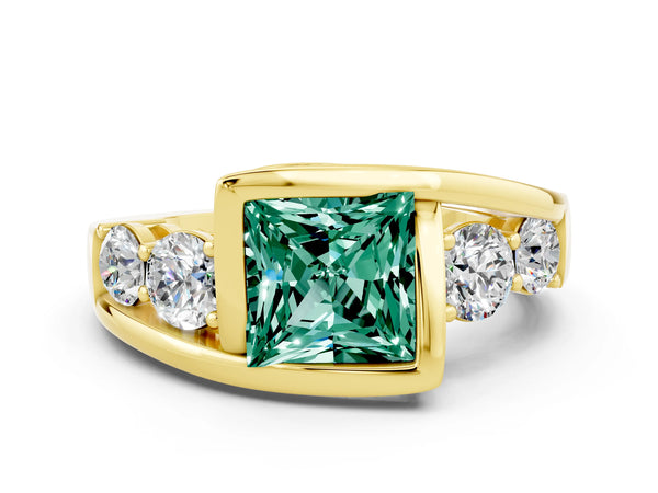 Yellow gold Bezel Set Princess Cut Green Sapphire Bypass Ring with Round  Accents