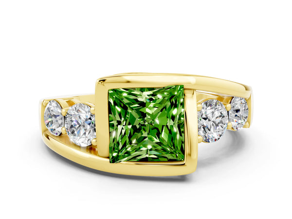 Yellow gold Bezel Set Princess Cut Peridot Bypass Ring with Round  Accents