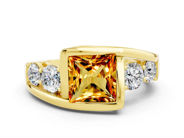 Yellow gold Bezel Set Princess Cut Citrine Bypass Ring with Round  Accents