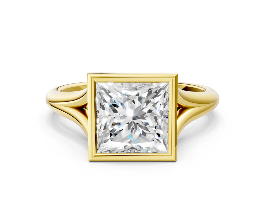 Yellow gold Bezel Set Princess Cut Solitaire Ring with Tapered Band
