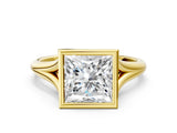 Yellow gold Bezel Set Princess Cut Solitaire Ring with Tapered Band