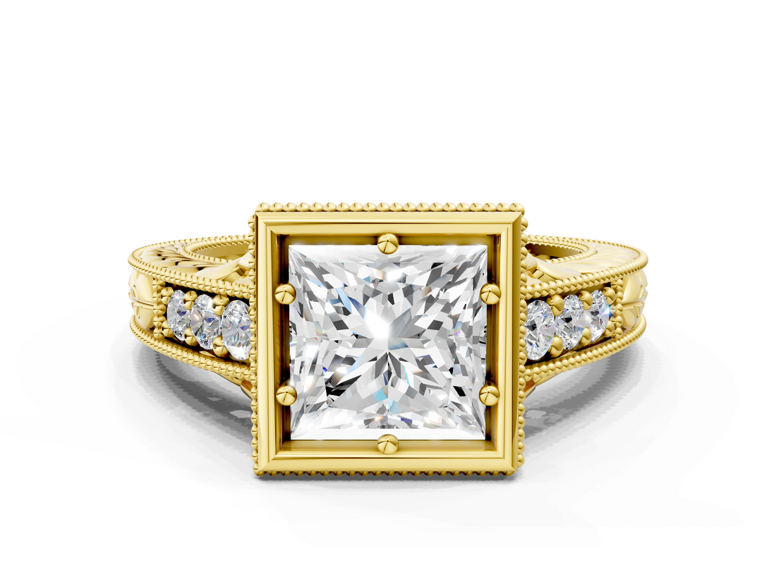 Yellow gold Bezel Set Princess Diamond Milgrain Pave Engagement Ring_37