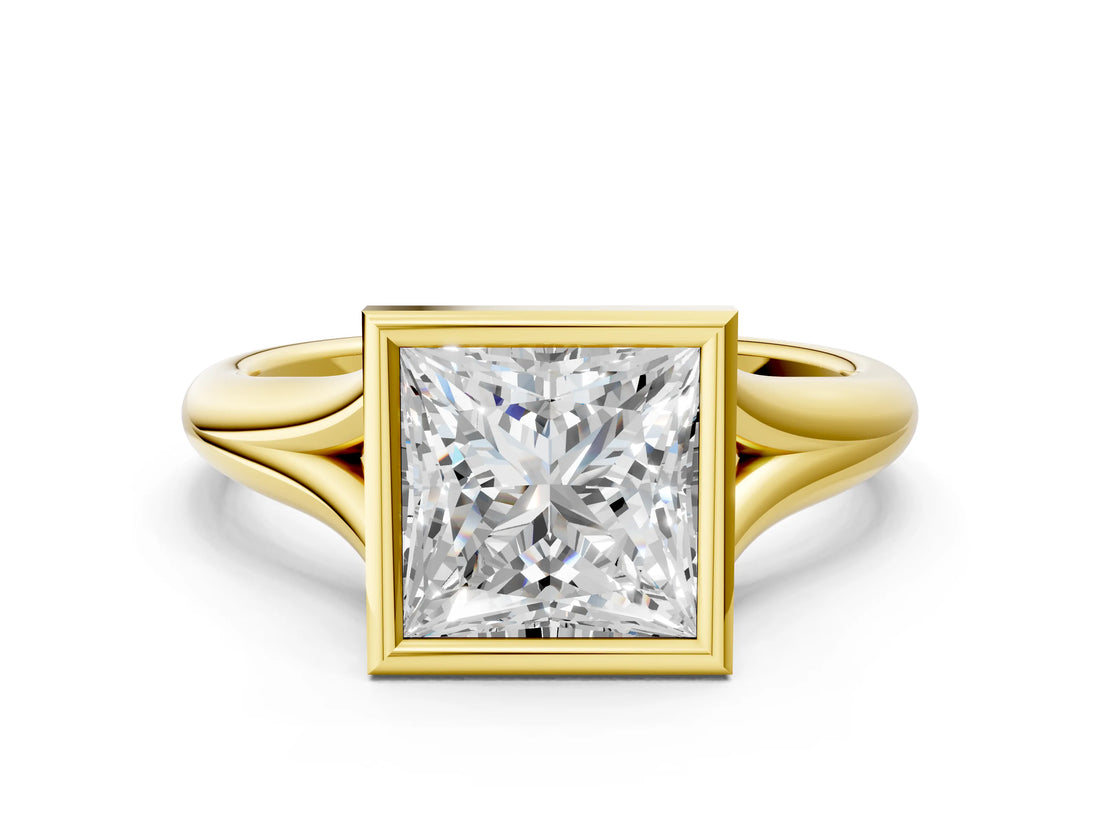 Yellow gold Bezel Set Princess Solitaire Diamond Ring with Smooth Band