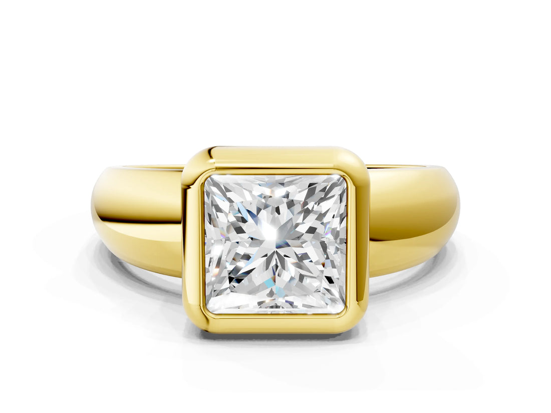 Yellow gold Bezel Set Princess Solitaire Ring with Wide Band 1
