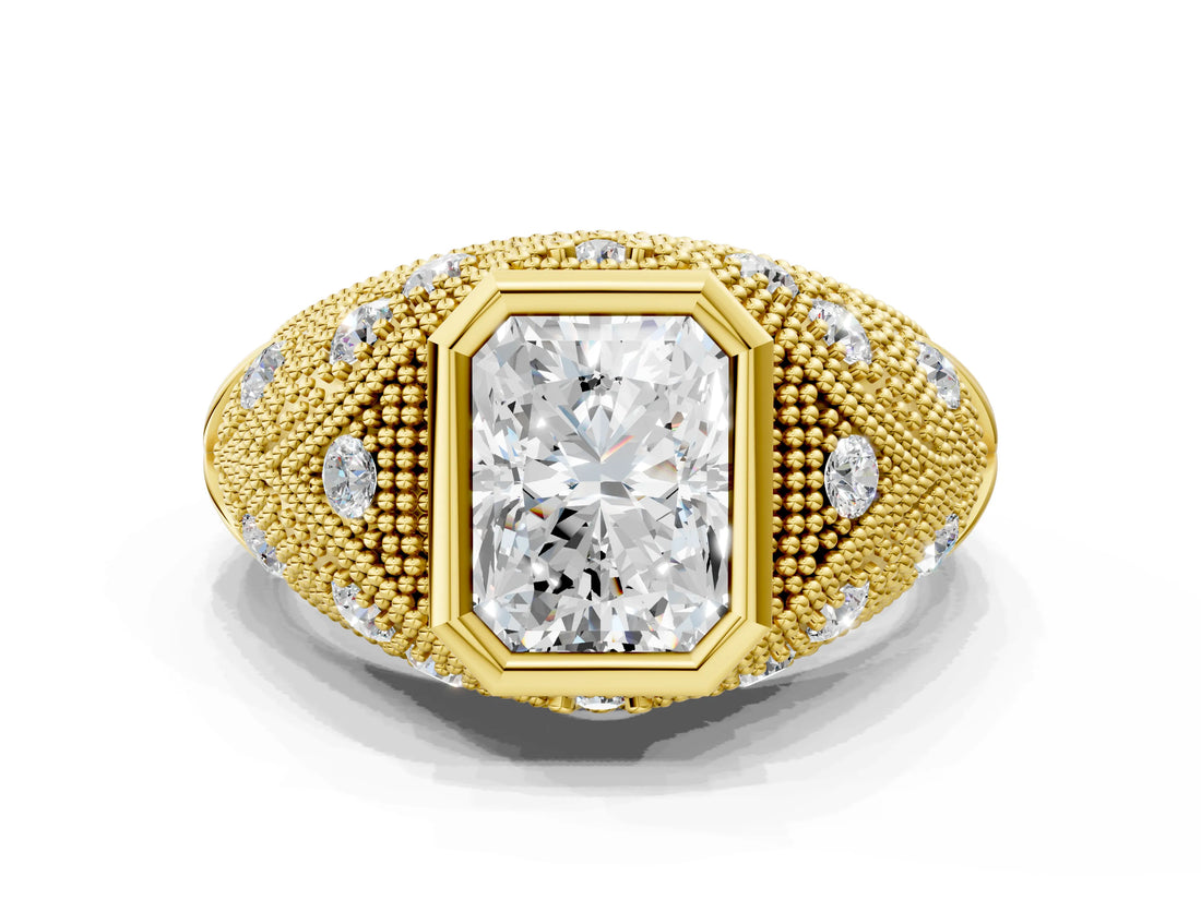 Yellow gold Bezel Set Radiant Cut Diamond Milgrain Band Ring_13