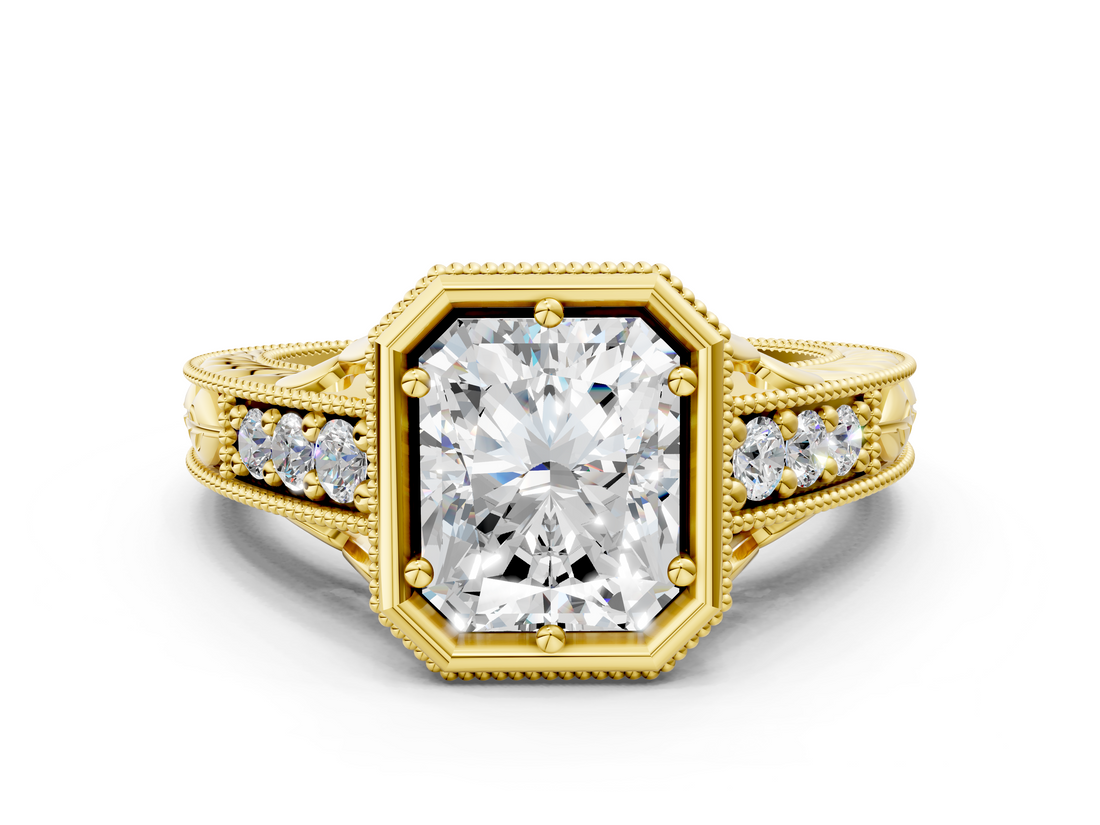 Yellow gold Bezel Set Radiant Diamond Milgrain Pave Engagement Ring_36