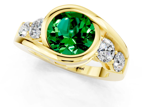 Yellow gold Bezel Set Round Cut Emerald Bypass Ring with Round  Accents