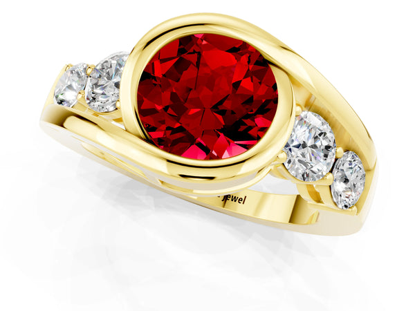 Yellow gold Bezel Set Round Cut Ruby Bypass Ring with Round  Accents
