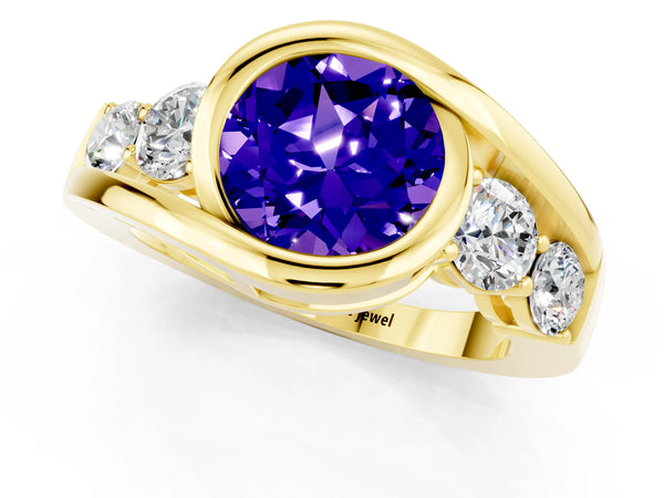 Yellow gold Bezel Set Round Cut Tanzanite Bypass Ring with Round  Accents