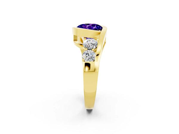 Yellow gold Bezel Set Round Cut Tanzanite Bypass Ring with Round  Accents