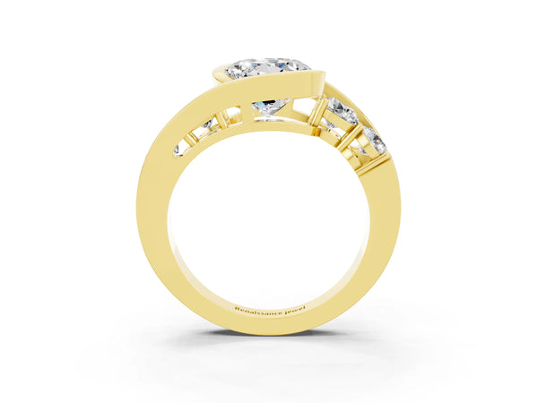 Yellow gold Bezel Set Round Cut Moissanite Bypass Ring with Round  Accents