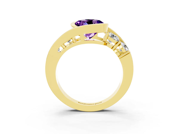 Yellow gold Bezel Set Round Cut Amethyst Bypass Ring with Round  Accents