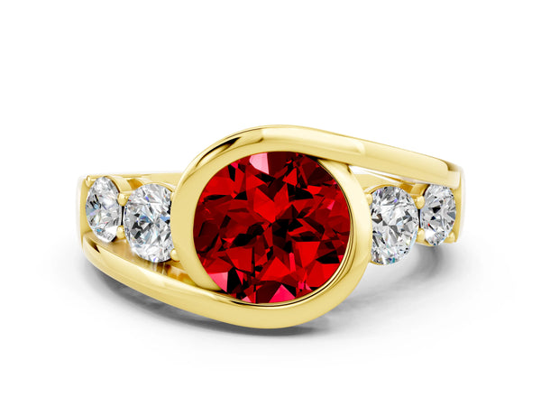 Yellow gold Bezel Set Round Cut Ruby Bypass Ring with Round  Accents