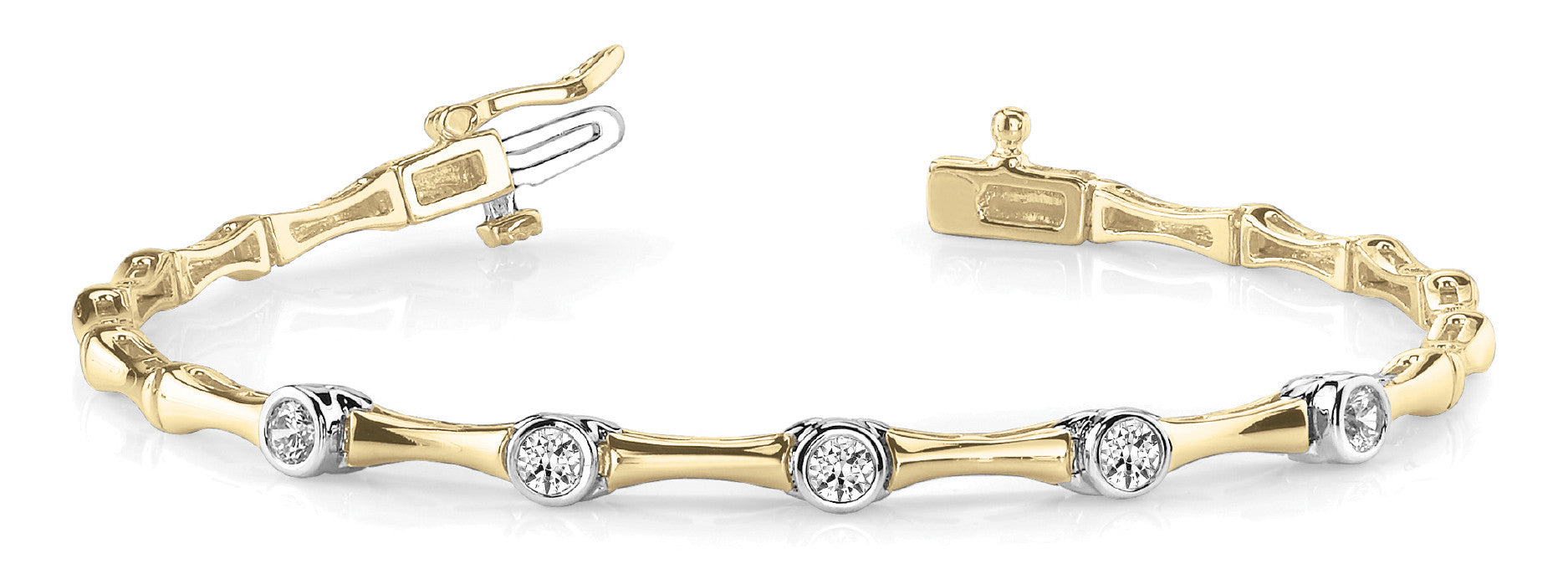 Yellow gold Bezel Set Round Diamond Bamboo Link Bracelet