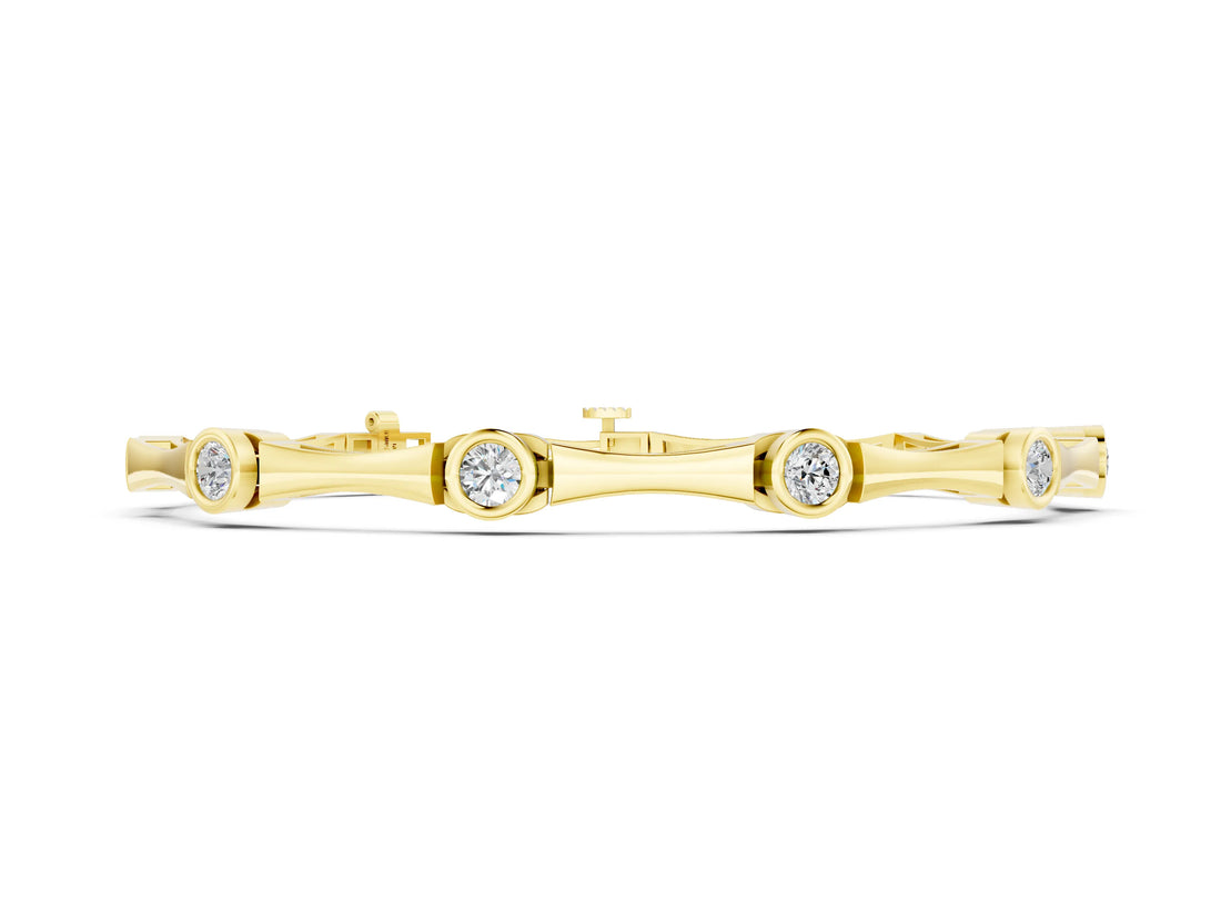 Yellow gold Bezel Set Round Diamond Bamboo Link Bracelet_2