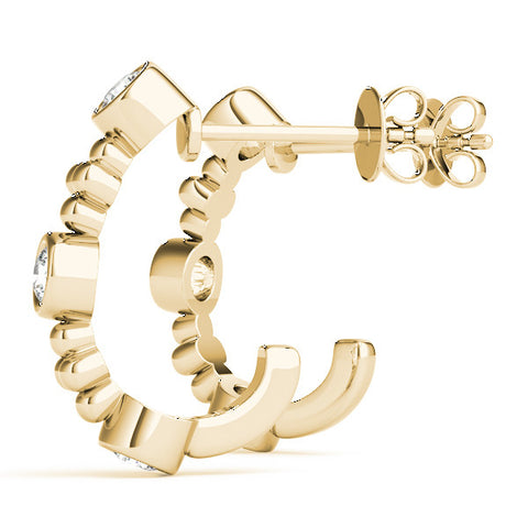 Yellow gold Bezel Set Round Diamond Beaded Hoop Earrings 1