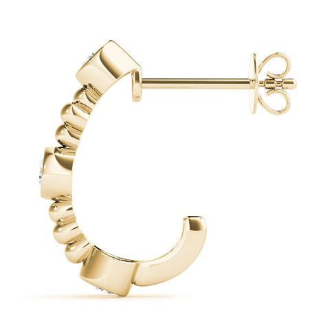 Yellow gold Bezel Set Round Diamond Beaded Hoop Earrings 3