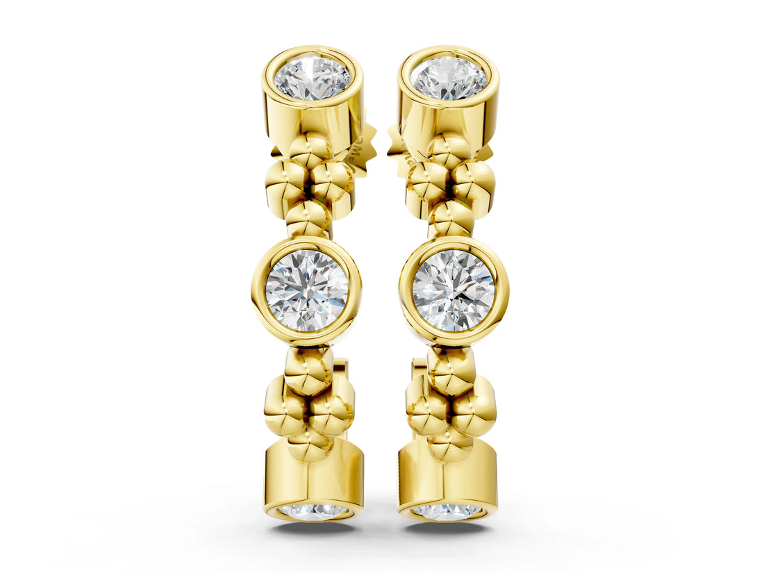 Yellow gold Bezel Set Round Diamond Beaded Hoop Earrings_39