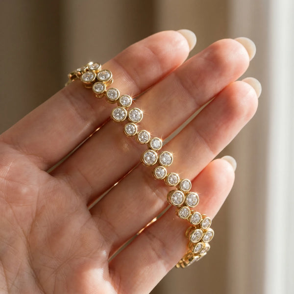 Yellow gold Bezel Set Round Diamond Cluster Tennis Bracelet