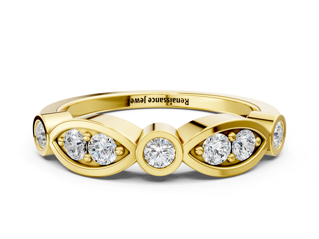 Yellow gold Bezel Set Round Diamond Marquise Band_23