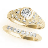 Yellow gold Bezel Set Round Diamond Milgrain Band Ring 1