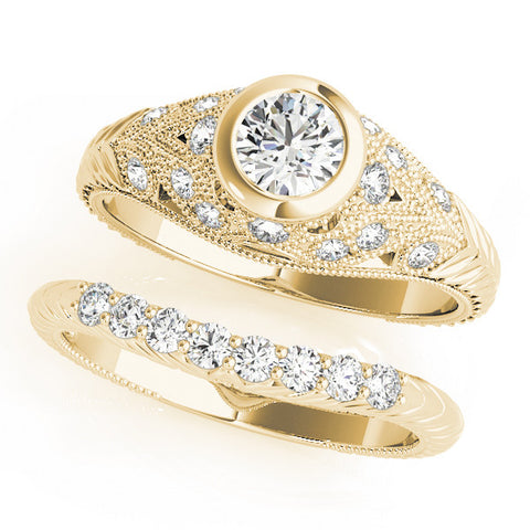 Yellow gold Bezel Set Round Diamond Milgrain Band Ring 1