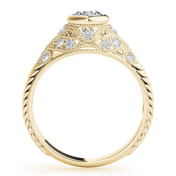 Yellow gold Bezel Set Round Diamond Milgrain Band Ring 2
