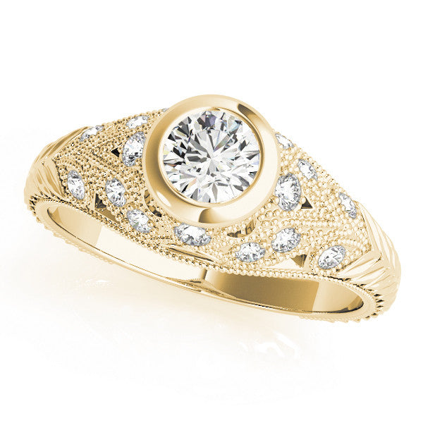 Yellow gold Bezel Set Round Diamond Milgrain Band Ring