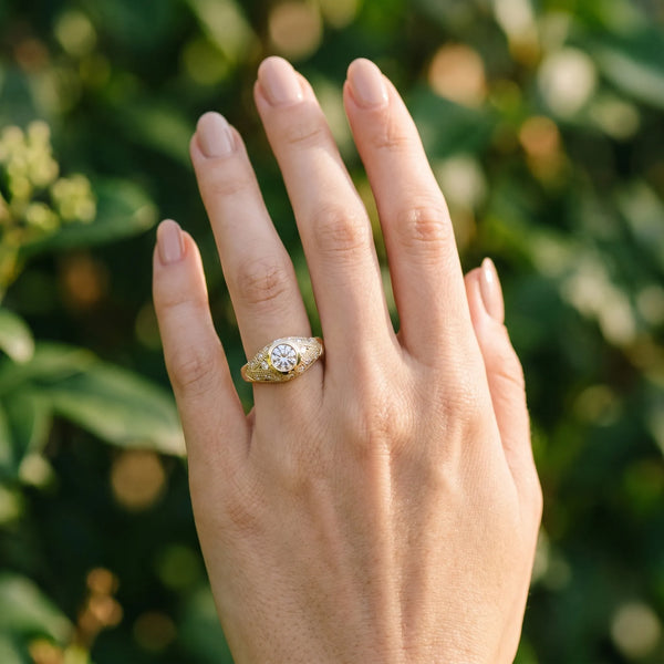 Yellow gold Bezel Set Round Diamond Milgrain Band Ring