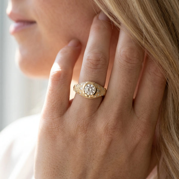 Yellow gold Bezel Set Round Diamond Milgrain Band Ring