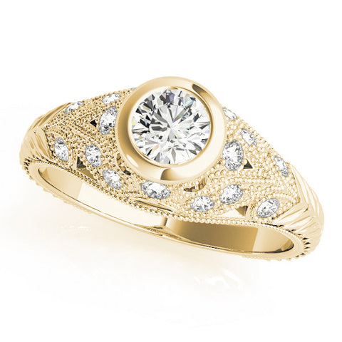 Yellow gold Bezel Set Round Diamond Milgrain Band Ring