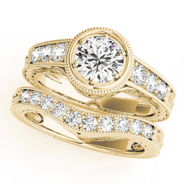 Yellow gold Bezel Set Round Diamond Milgrain Pave Engagement Ring 1