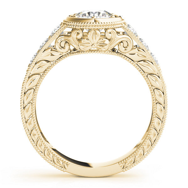 Yellow gold Bezel Set Round Diamond Milgrain Pave Engagement Ring 2