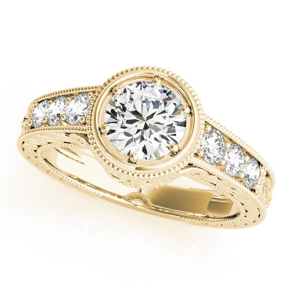 Yellow gold Bezel Set Round Diamond Milgrain Pave Engagement Ring