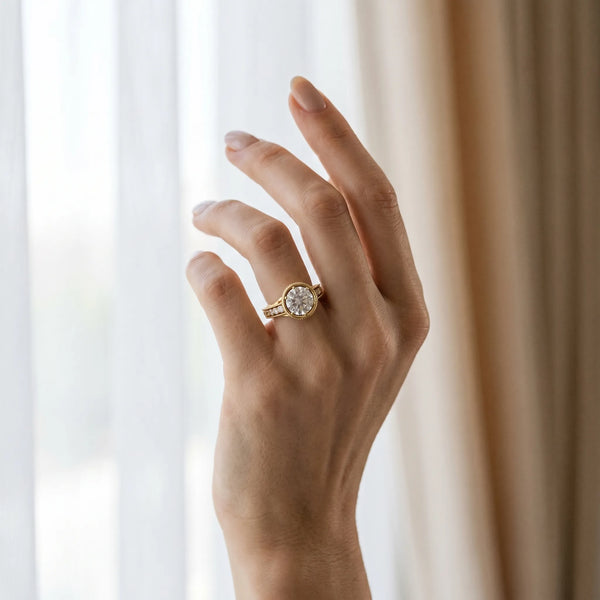 Yellow gold Bezel Set Round Diamond Milgrain Pave Engagement Ring