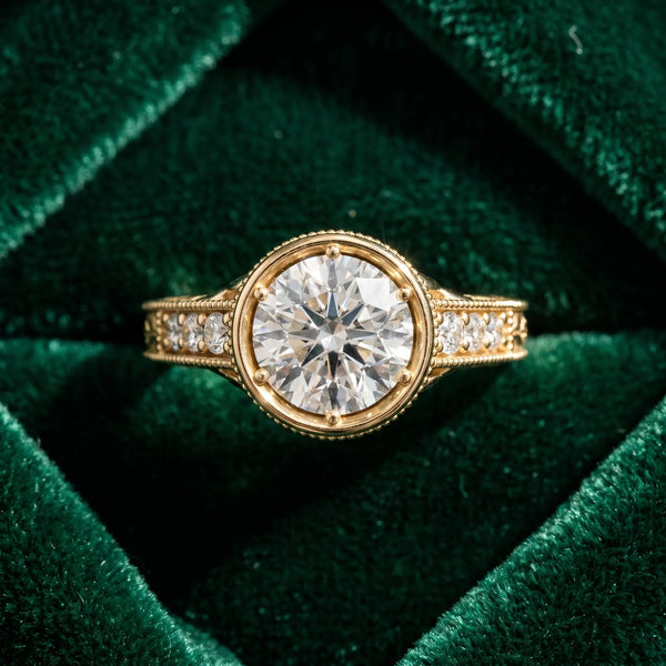 Yellow gold Bezel Set Round Diamond Milgrain Pave Engagement Ring