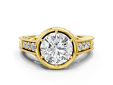 Yellow gold Bezel Set Round Diamond Milgrain Pave Engagement Ring_36