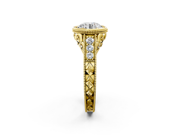 Yellow gold Bezel Set Round Diamond Milgrain Pave Engagement Ring