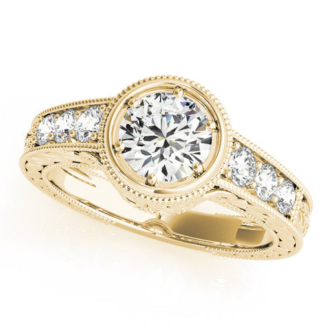 Yellow gold Bezel Set Round Diamond Milgrain Pave Engagement Ring