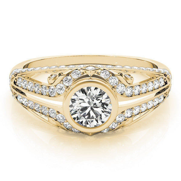 Yellow gold Bezel Set Round Diamond Split Shank Pavé Ring 1