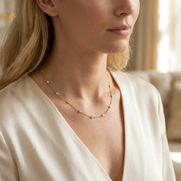 Yellow gold Bezel-Set Round Diamond Station Necklace